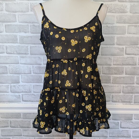 Wet Seal Black Chiffon Sunflower Print Ruffle Babydoll Tank Top Small Sheer - Picture 1 of 9